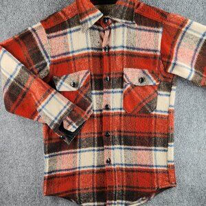 VTG Melton Outerwear Shacket S Long Sleeve Fuzzy Plaid Button Up Red Multicolor
